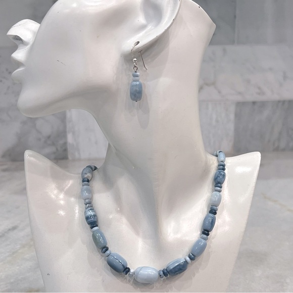 Sterling Silver Blue Opal Bead Necklace and Dangle Earrings Ensemble - Picture 7 of 16